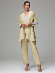 3 Pieces Long Sleeves Chiffon Lace Mother Of The Bride Dress Pants Suits with Silver Sequins