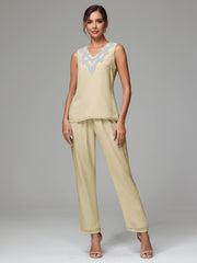 3 Pieces Long Sleeves Chiffon Lace Mother Of The Bride Dress Pants Suits with Silver Sequins