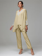 3 Pieces Long Sleeves Chiffon Lace Mother Of The Bride Dress Pants Suits with Silver Sequins