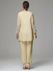 3 Pieces Long Sleeves Chiffon Lace Mother Of The Bride Dress Pants Suits with Silver Sequins