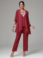 3 Pieces Long Sleeves Chiffon Lace Mother Of The Bride Dress Pants Suits with Silver Sequins