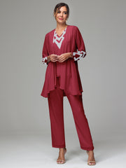 3 Pieces Long Sleeves Chiffon Lace Mother Of The Bride Dress Pants Suits with Silver Sequins