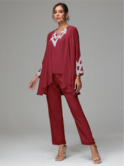 3 Pieces Long Sleeves Chiffon Lace Mother Of The Bride Dress Pants Suits with Silver Sequins