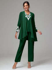 3 Pieces Long Sleeves Chiffon Lace Mother Of The Bride Dress Pants Suits with Silver Sequins