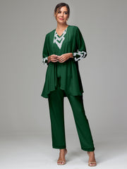 3 Pieces Long Sleeves Chiffon Lace Mother Of The Bride Dress Pants Suits with Silver Sequins