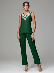 3 Pieces Long Sleeves Chiffon Lace Mother Of The Bride Dress Pants Suits with Silver Sequins