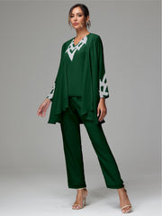 3 Pieces Long Sleeves Chiffon Lace Mother Of The Bride Dress Pants Suits with Silver Sequins