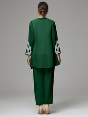 3 Pieces Long Sleeves Chiffon Lace Mother Of The Bride Dress Pants Suits with Silver Sequins