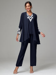 3 Pieces Long Sleeves Chiffon Lace Mother Of The Bride Dress Pants Suits with Silver Sequins