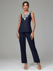 3 Pieces Long Sleeves Chiffon Lace Mother Of The Bride Dress Pants Suits with Silver Sequins