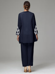 3 Pieces Long Sleeves Chiffon Lace Mother Of The Bride Dress Pants Suits with Silver Sequins
