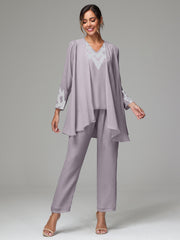 3 Pieces Long Sleeves Chiffon Lace Mother Of The Bride Dress Pants Suits with Silver Sequins