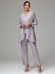 3 Pieces Long Sleeves Chiffon Lace Mother Of The Bride Dress Pants Suits with Silver Sequins