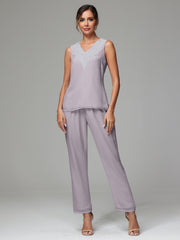 3 Pieces Long Sleeves Chiffon Lace Mother Of The Bride Dress Pants Suits with Silver Sequins