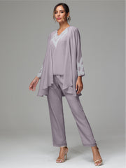 3 Pieces Long Sleeves Chiffon Lace Mother Of The Bride Dress Pants Suits with Silver Sequins