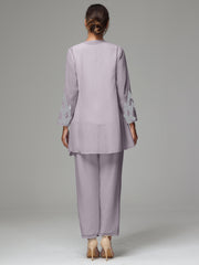 3 Pieces Long Sleeves Chiffon Lace Mother Of The Bride Dress Pants Suits with Silver Sequins