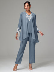 3 Pieces Long Sleeves Chiffon Lace Mother Of The Bride Dress Pants Suits with Silver Sequins