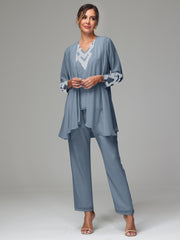 3 Pieces Long Sleeves Chiffon Lace Mother Of The Bride Dress Pants Suits with Silver Sequins