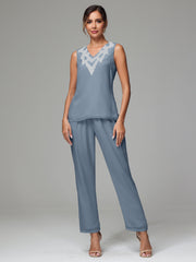 3 Pieces Long Sleeves Chiffon Lace Mother Of The Bride Dress Pants Suits with Silver Sequins