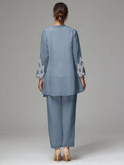 3 Pieces Long Sleeves Chiffon Lace Mother Of The Bride Dress Pants Suits with Silver Sequins