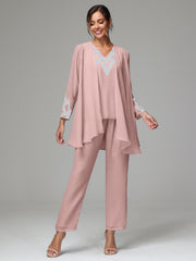 3 Pieces Long Sleeves Chiffon Lace Mother Of The Bride Dress Pants Suits with Silver Sequins