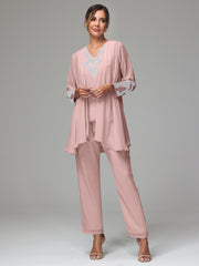 3 Pieces Long Sleeves Chiffon Lace Mother Of The Bride Dress Pants Suits with Silver Sequins