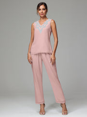 3 Pieces Long Sleeves Chiffon Lace Mother Of The Bride Dress Pants Suits with Silver Sequins