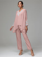 3 Pieces Long Sleeves Chiffon Lace Mother Of The Bride Dress Pants Suits with Silver Sequins
