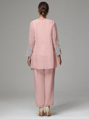 3 Pieces Long Sleeves Chiffon Lace Mother Of The Bride Dress Pants Suits with Silver Sequins
