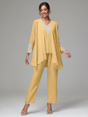3 Pieces Long Sleeves Chiffon Lace Mother Of The Bride Dress Pants Suits with Silver Sequins