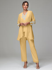 3 Pieces Long Sleeves Chiffon Lace Mother Of The Bride Dress Pants Suits with Silver Sequins