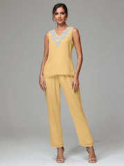 3 Pieces Long Sleeves Chiffon Lace Mother Of The Bride Dress Pants Suits with Silver Sequins