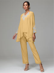 3 Pieces Long Sleeves Chiffon Lace Mother Of The Bride Dress Pants Suits with Silver Sequins