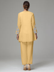3 Pieces Long Sleeves Chiffon Lace Mother Of The Bride Dress Pants Suits with Silver Sequins
