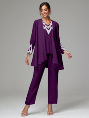 3 Pieces Long Sleeves Chiffon Lace Mother Of The Bride Dress Pants Suits with Silver Sequins