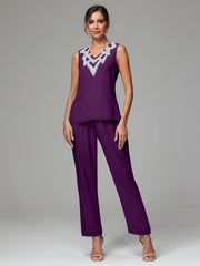 3 Pieces Long Sleeves Chiffon Lace Mother Of The Bride Dress Pants Suits with Silver Sequins