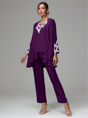 3 Pieces Long Sleeves Chiffon Lace Mother Of The Bride Dress Pants Suits with Silver Sequins