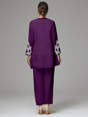 3 Pieces Long Sleeves Chiffon Lace Mother Of The Bride Dress Pants Suits with Silver Sequins