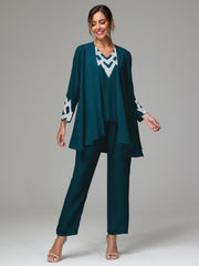 3 Pieces Long Sleeves Chiffon Lace Mother Of The Bride Dress Pants Suits with Silver Sequins