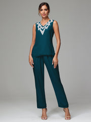 3 Pieces Long Sleeves Chiffon Lace Mother Of The Bride Dress Pants Suits with Silver Sequins