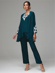 3 Pieces Long Sleeves Chiffon Lace Mother Of The Bride Dress Pants Suits with Silver Sequins