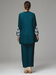 3 Pieces Long Sleeves Chiffon Lace Mother Of The Bride Dress Pants Suits with Silver Sequins