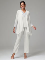 3 Pieces Long Sleeves Chiffon Lace Mother Of The Bride Dress Pants Suits with Silver Sequins