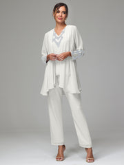 3 Pieces Long Sleeves Chiffon Lace Mother Of The Bride Dress Pants Suits with Silver Sequins