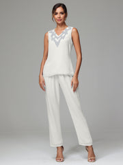 3 Pieces Long Sleeves Chiffon Lace Mother Of The Bride Dress Pants Suits with Silver Sequins