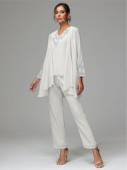 3 Pieces Long Sleeves Chiffon Lace Mother Of The Bride Dress Pants Suits with Silver Sequins