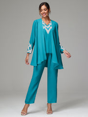 3 Pieces Long Sleeves Chiffon Lace Mother Of The Bride Dress Pants Suits with Silver Sequins
