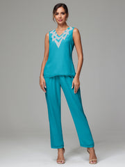 3 Pieces Long Sleeves Chiffon Lace Mother Of The Bride Dress Pants Suits with Silver Sequins