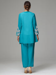 3 Pieces Long Sleeves Chiffon Lace Mother Of The Bride Dress Pants Suits with Silver Sequins