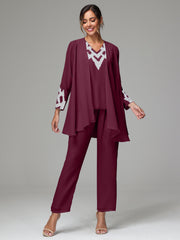 3 Pieces Long Sleeves Chiffon Lace Mother Of The Bride Dress Pants Suits with Silver Sequins
